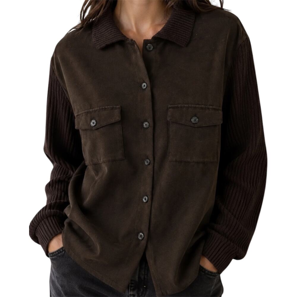 Gerry Weber Wool Shirt Jacket Button Down Faux Leather Pockets Rib Brown 42 L